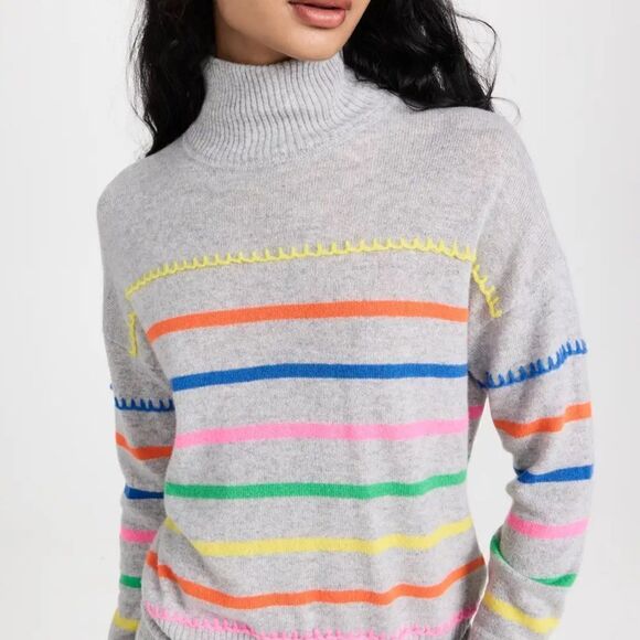Autumn Cashmere Multi Colored Cashmere Breton Stripe Mock With Blanket Stitch - Picture 7 of 8